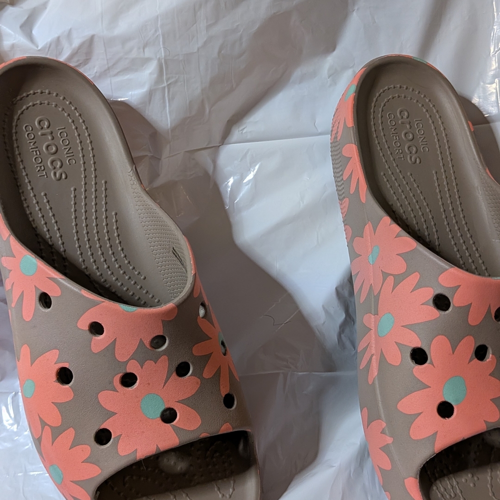 CROCS Women's Taupe Mule with Pink Flower Accents
